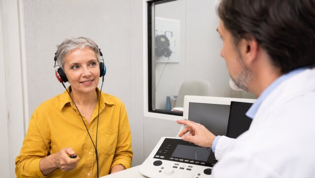 Preventive healthcare concept featuring female adult at audiology appointment for sensory wellness, early detection and age-positive care.