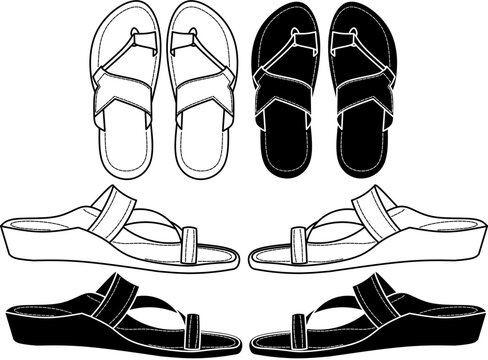 Kolhapuri chappals or Kolhapuris icon set.side and top view vector illustration in outline and silhouette.traditional style