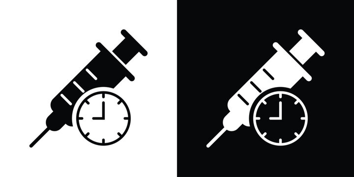 Medical syringe and clock icon set. Minimalist vector illustration representing vaccination timing, scheduled injections, or medical reminders in black and white styles.
