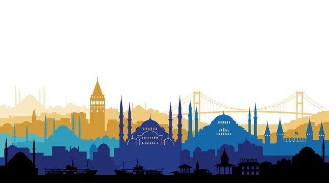 Istanbul city skyline with mosques and bridge.