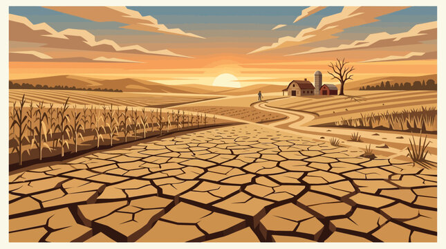 Drought stricken farmland with dramatic cracked soil