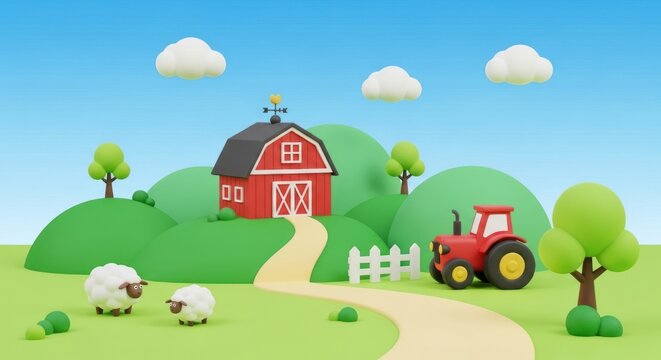 A red barn with a white fence and green trees in a cartoon farm setting with sheep and a tractor.