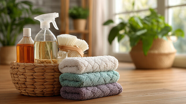 Organized Housekeeping Products with Colorful Bottles and Folded Towels for Domestic Cleaning Concept