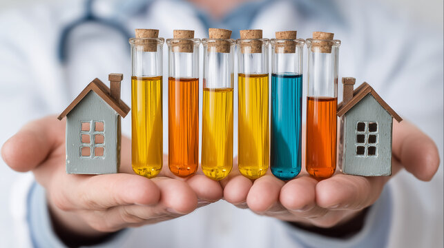 Hands Holding Miniature Houses and Colorful Test Tubes for Real Estate Analysis Concept