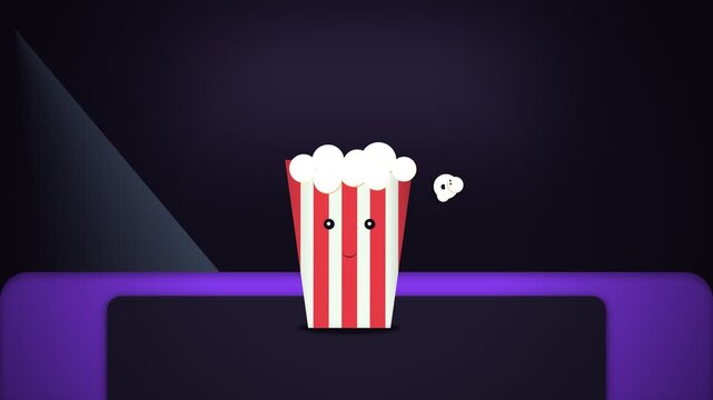 Animated Popcorn Bucket Character Watching a Movie in a Dark Theater.
