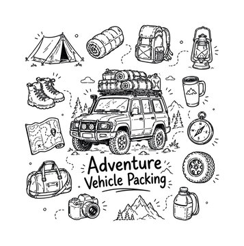 Adventure Vehicle Packing. Hand-drawn doodle illustration of Adventure Vehicle Packing. In the middle, one slightly larger central doodle drawing (off-road SUV loaded with camping gear) along with the