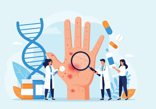 Doctors examining a human hand with a skin disease, surrounded by medical tools, DNA structure, and medication for treatment.