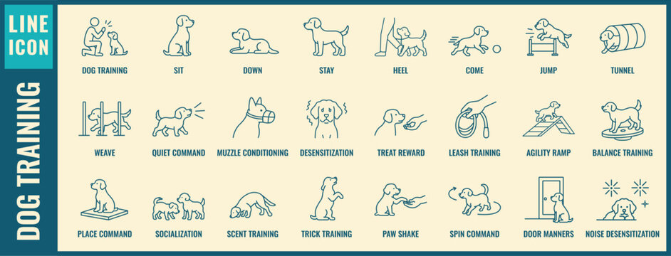 Dog Training and Obedience Line Icon Set &ndash; 24 Editable Stroke Vector Icons for Canine Behavior and Training Services
