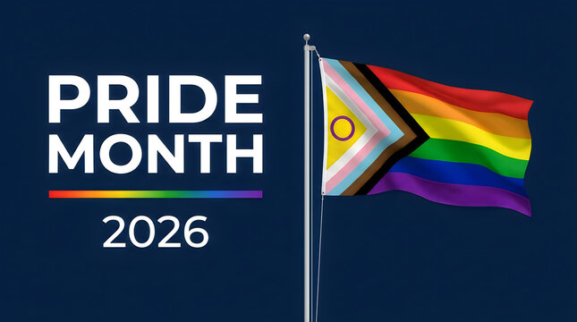 Pride month 2026 with progressive pride flag waving on flagpole against dark blue background and rainbow graphic illustration.