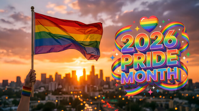 Pride month 2026 celebration with rainbow flag and city skyline at sunset. Text and graphic elements.