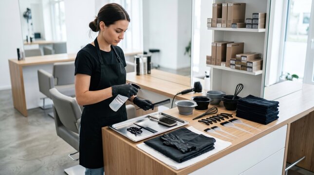 Modern hair salon scene with clean brushes, clips, mixing bowls and gloves, focused on preparation and safe professional color routine.