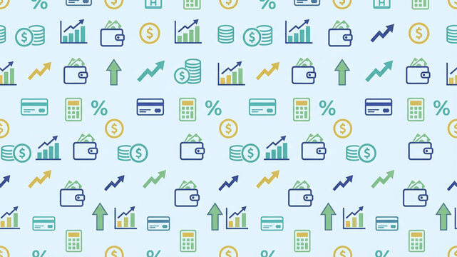 Seamless pattern of finance icons on light blue background