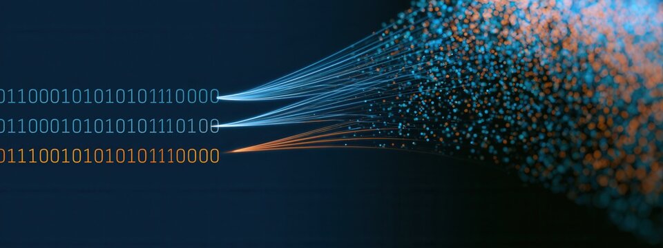 Data streams move through a dark background with binary code in blue and orange colors showing a digital connection