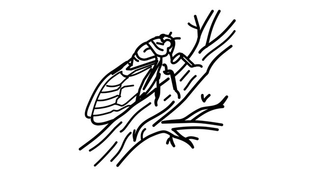 Large cicada resting on a tree branch vector icon featuring an editable stroke for customizable line weight. This minimalist line art illustration is perfect for nature and insect designs.