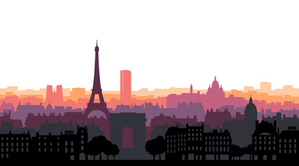 Naklejka premium A vibrant, stylized cityscape silhouette of Paris at sunset, featuring iconic landmarks like the Eiffel Tower and Arc de Triomphe against a gradient sky.
