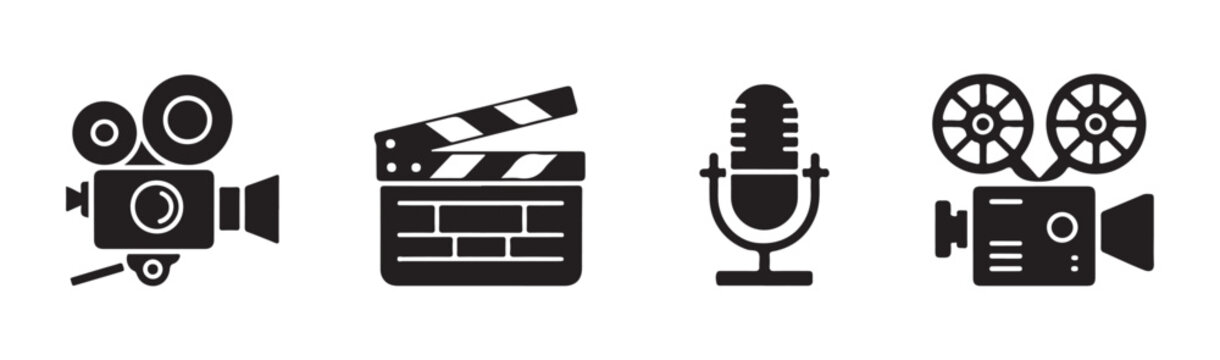 Cinema vector icon set includes camera, clapperboard, microphone and projector equipment.