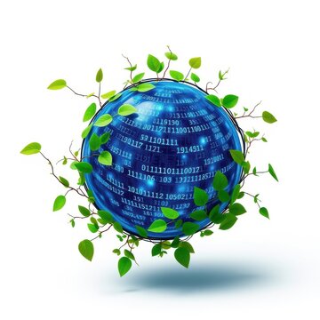 Blue sphere covered with binary code, entwined by green branches. Symbolizes digital world merging nature, growth, technology.