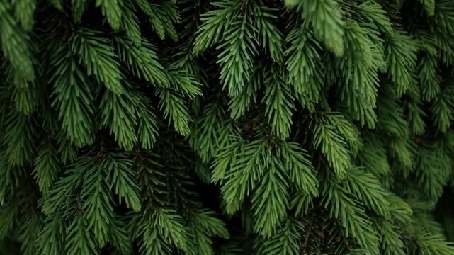 Close up shot of fresh green spruce branches moving gently in the wind, natural evergreen background. Christmas tree pine tree closeup slow motion video. Needles fir. Evergreen pine tree forest.
