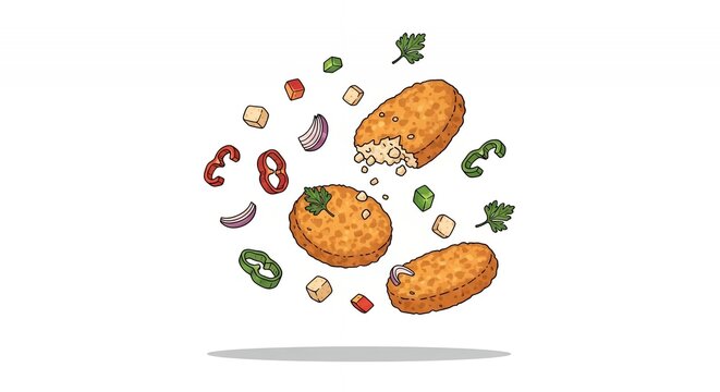 Dynamic levitating potato hash brown patties with fresh peppers onions and herbs isolated on white vector illustration