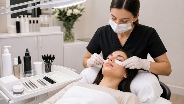 Client on treatment bed while lash specialist organizes disposable spoolies and tweezers, highlighting eye protection and service preparation.