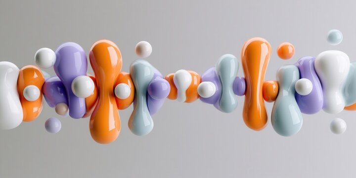 Colorful shapes float in a dynamic arrangement against a gray background showcasing 3D art in vibrant tones and varied forms