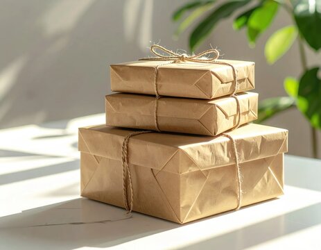 Stack of three gift boxes wrapped in brown kraft paper with rustic jute twine bow, sustainable packaging and eco friendly holiday celebration theme