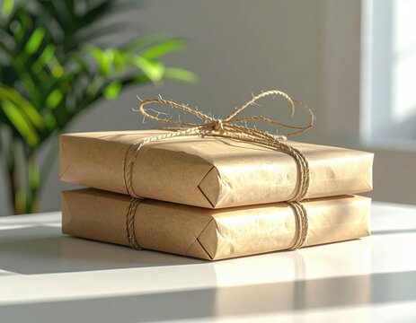 Stacked parcels wrapped in brown craft paper with natural twine ribbon, eco friendly packaging, sustainable delivery, rustic aesthetic