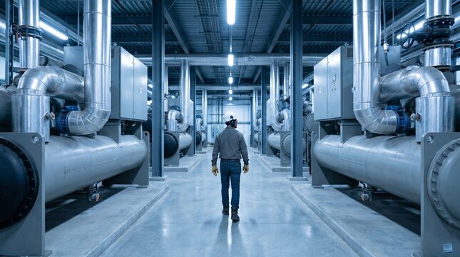 Engineer walking through industrial chiller room with large pipes and machinery