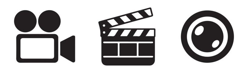 Fototapeta premium Vintage movie camera, clapperboard, and cinema lens. film industry equipment vector icon set.