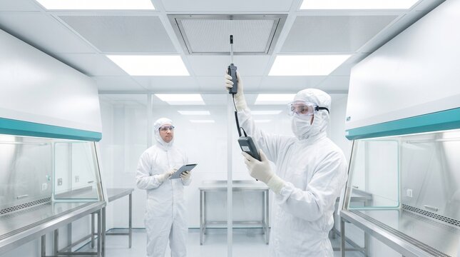 Scientists in cleanroom suits conduct air quality testing in a sterile laboratory