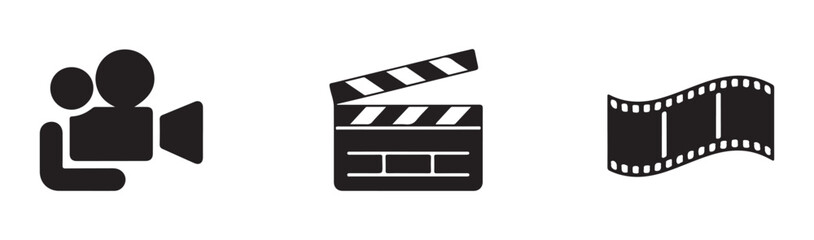Fototapeta premium Vintage video camera, clapperboard, and film reel icons set on transparent background vector.