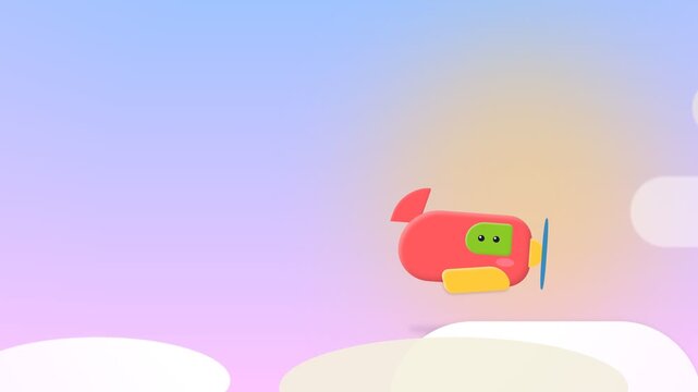 Cute Cartoon Airplane Flying Through The Clouds In A Pastel Sky.