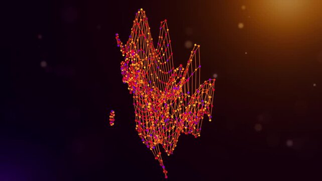 Animated South Korea map reveal built from neural network connections and colorful data nodes with connected intelligence text over a glowing purple and orange bokeh technology background.