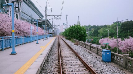Fototapeta premium Railway station in springtime with cherry blossom trees lining the tracks beside urban scenery