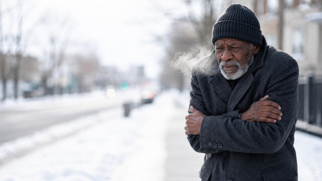 An elderly man stands on a snowy street, visibly shivering and feeling cold, highlighting the challenges of winter weather for vulnerable populations.