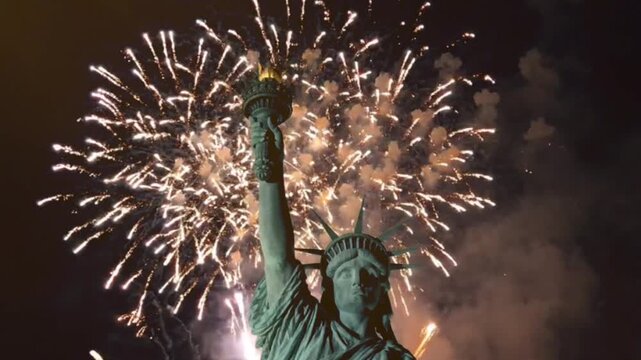 Statue of liberty with grand fireworks exploding in night sky during american flag 4th july celebration in new york city as impressive patriotic monumental night view.