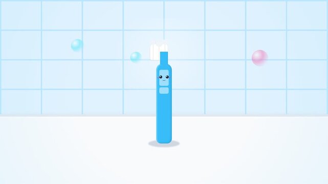 Animated Blue Spray Bottle Character Dancing in a Tiled Bathroom Setting.