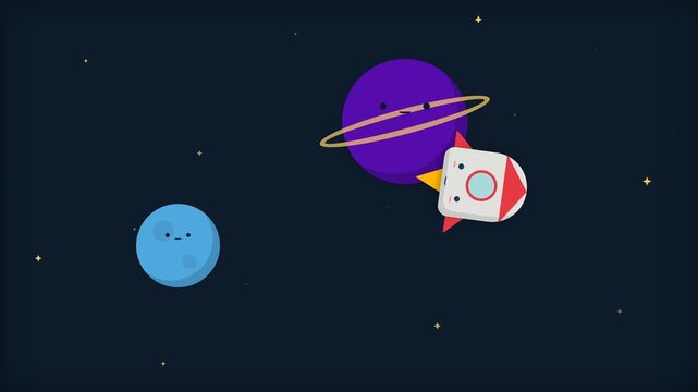 Animated Cartoon Rocket Ship Traveling Through Outer Space Past Planets.