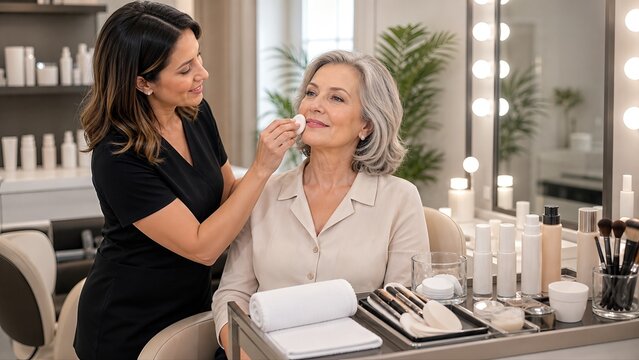 Beauty specialist preparing mature client with clean applicators and organized skincare tray, showing personalized service and hygienic workflow.