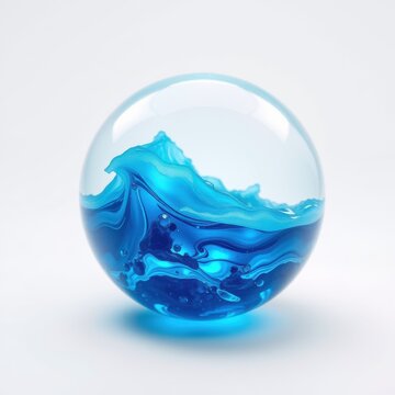 Glass sphere contains swirling blue liquid resembling ocean waves. Light reflects, creating soft shadows, smooth texture. Minimalist studio shot.