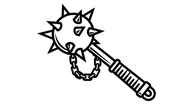 Hand drawn black outline of a spiked medieval mace weapon illustration