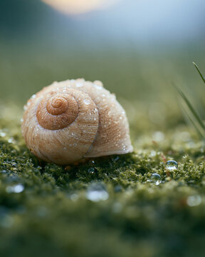 Soft shell rests on dew-kissed moss. Golden light glows through gentle haze. Tiny world feels calm and quiet. Snail's spiral pattern draws the eye. Perfect for nature's serene moments