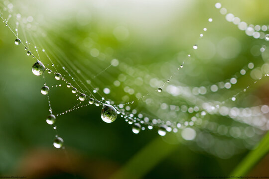 Dewdrops cling delicately to spider threads. Glowing light filters through a dewy morning. Faint green background softly blurs behind. Nature's quiet beauty captured in crisp detail