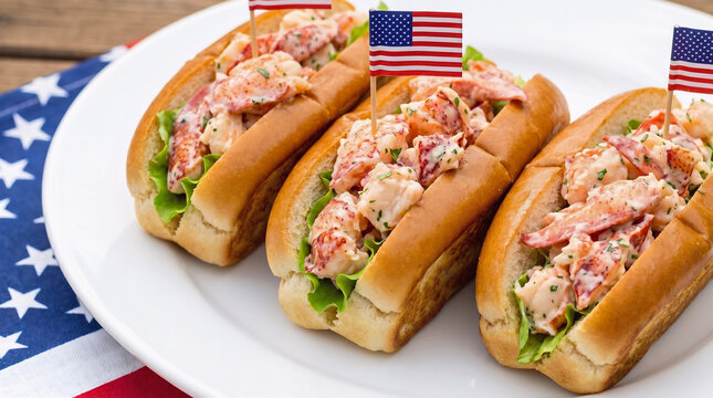 4th of July Food Presentation with Fresh Lobster Rolls on White Plate and American Flags for Independence Day Celebration, Patriotic Summer Seafood Picnic and Holiday Feast