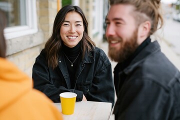 Fototapeta premium Group enjoys conversation at outdoor cafe on a sunny day while sitting at a table drinking coffee