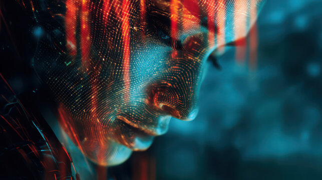 Digital Human Face with Glowing Grid and Futuristic Lighting