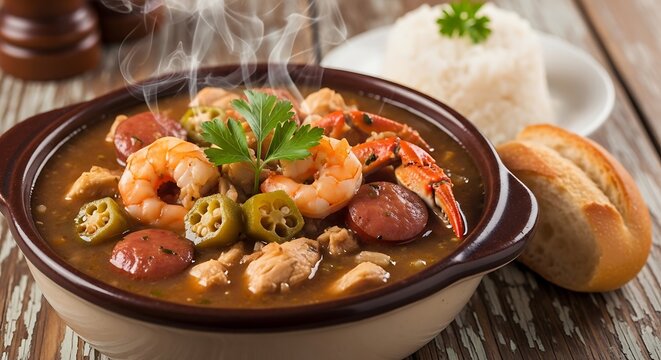 Hearty cajun style seafood gumbo stew with shrimp and sausage in rustic bowl