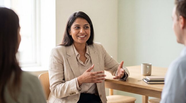 Smiling professional woman in beige blazer talking with colleagues in bright office, conversational and confident atmosphere, airy soft ambiance medium shot