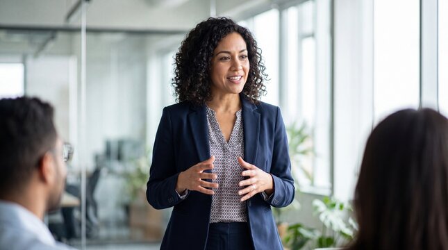 Businesswoman giving presentation in modern office meeting, confident smiling leader speaking to colleagues with casual professional attire and natural light