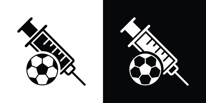 Sports doping vector icon featuring a syringe and a soccer ball. Black and white split illustration representing performance-enhancing drugs in sports.